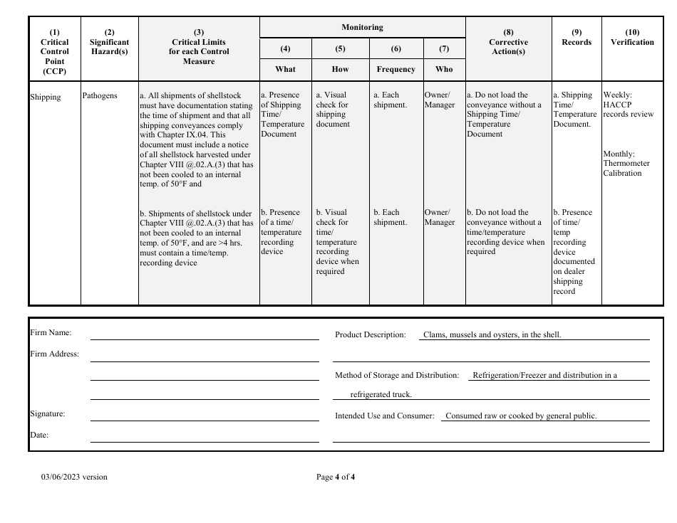 Haccp Plan - Shellstock Shipper / Reshipper - New Hampshire, Page 4
