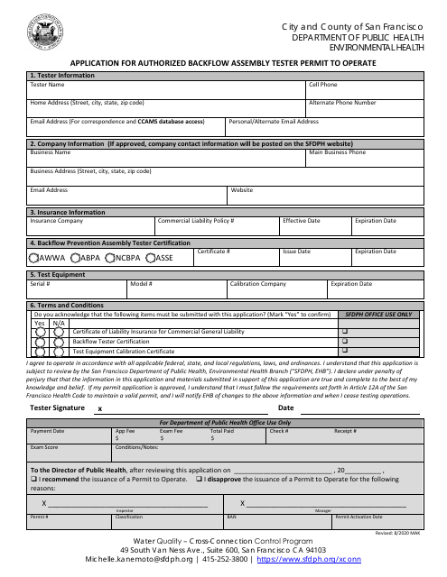 Application for Authorized Backflow Assembly Tester Permit to Operate - City and County of San Francisco, California