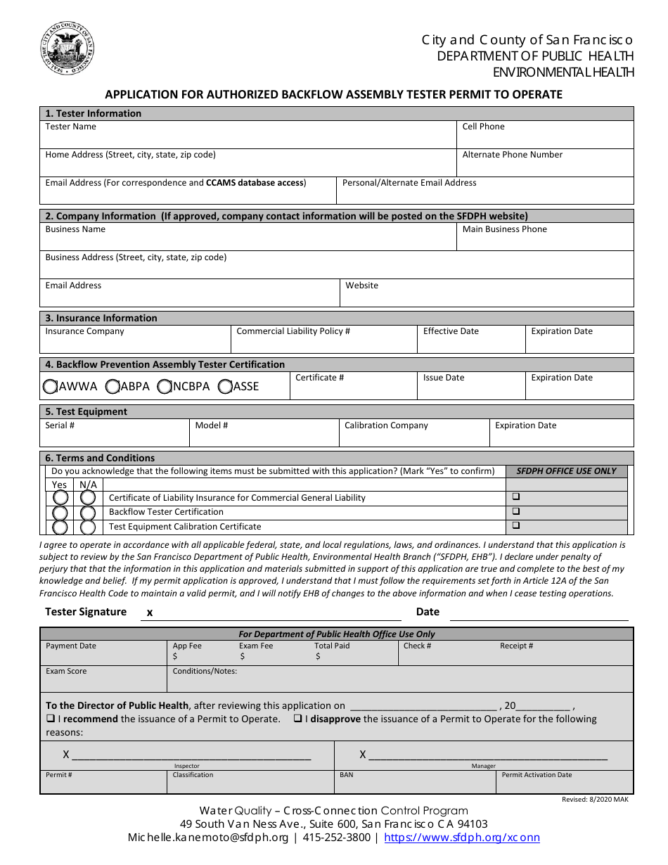 Application for Authorized Backflow Assembly Tester Permit to Operate - City and County of San Francisco, California, Page 1
