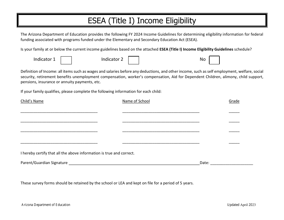 Esea (Title I) Income Eligibility - Arizona, Page 1