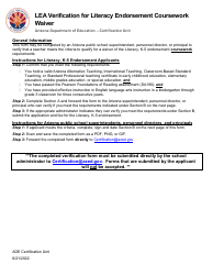 Document preview: Lea Verification for Literacy Endorsement Coursework Waiver - Arizona