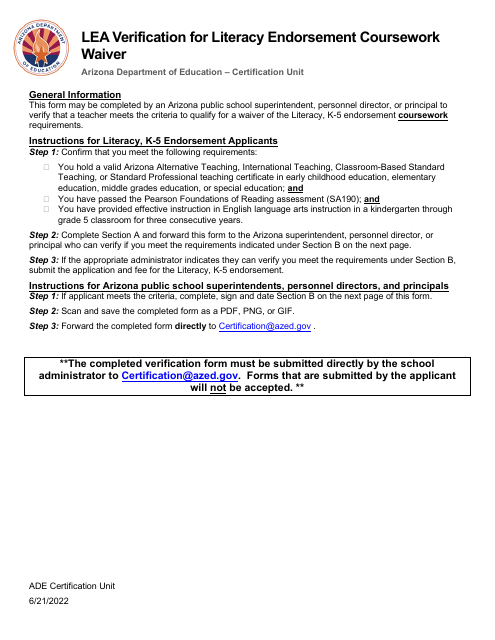 Lea Verification for Literacy Endorsement Coursework Waiver - Arizona Download Pdf