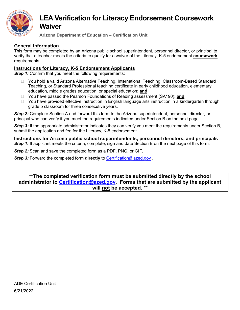 Lea Verification for Literacy Endorsement Coursework Waiver - Arizona, Page 1