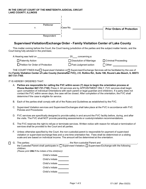 Form 171-397 Supervised Visitation/Exchange Order - Family Visitation Center of Lake County - Lake County, Illinois