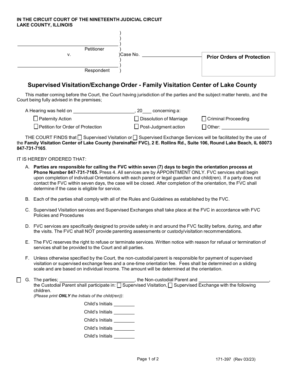 Form 171-397 Supervised Visitation / Exchange Order - Family Visitation Center of Lake County - Lake County, Illinois, Page 1