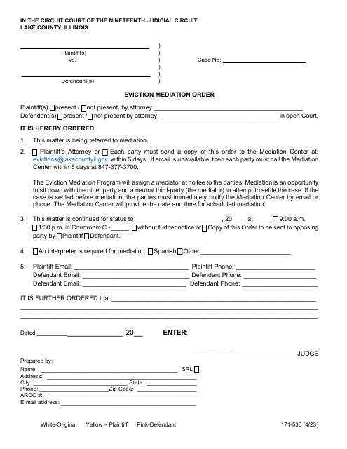 Form 171-536 Eviction Mediation Order - Lake County, Illinois