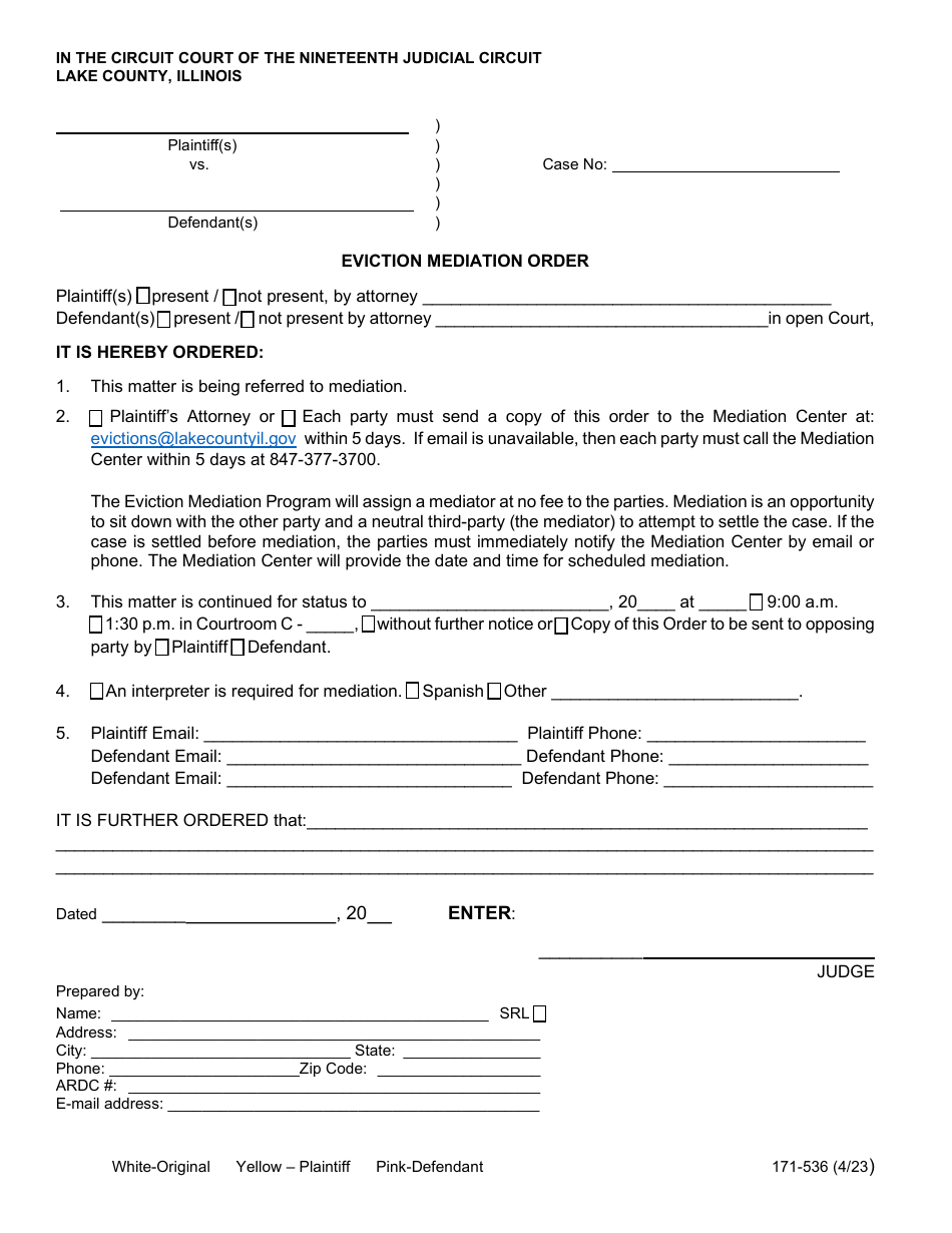 Form 171-536 Eviction Mediation Order - Lake County, Illinois, Page 1