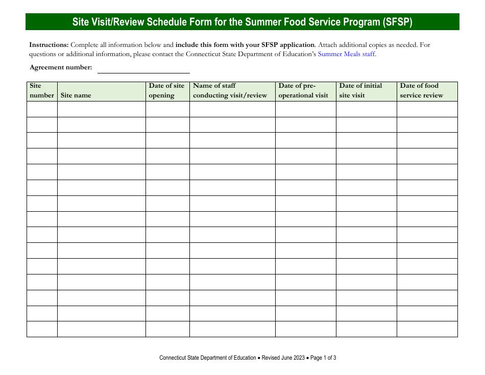 Site Visit / Review Schedule Form for the Summer Food Service Program (Sfsp) - Connecticut, Page 1