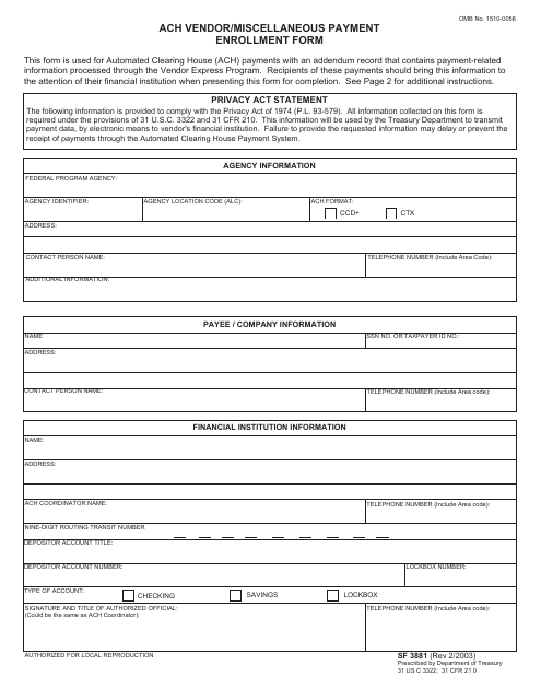 Form SF3881 ACH Vendor/Miscellaneous Payment Enrollment Form