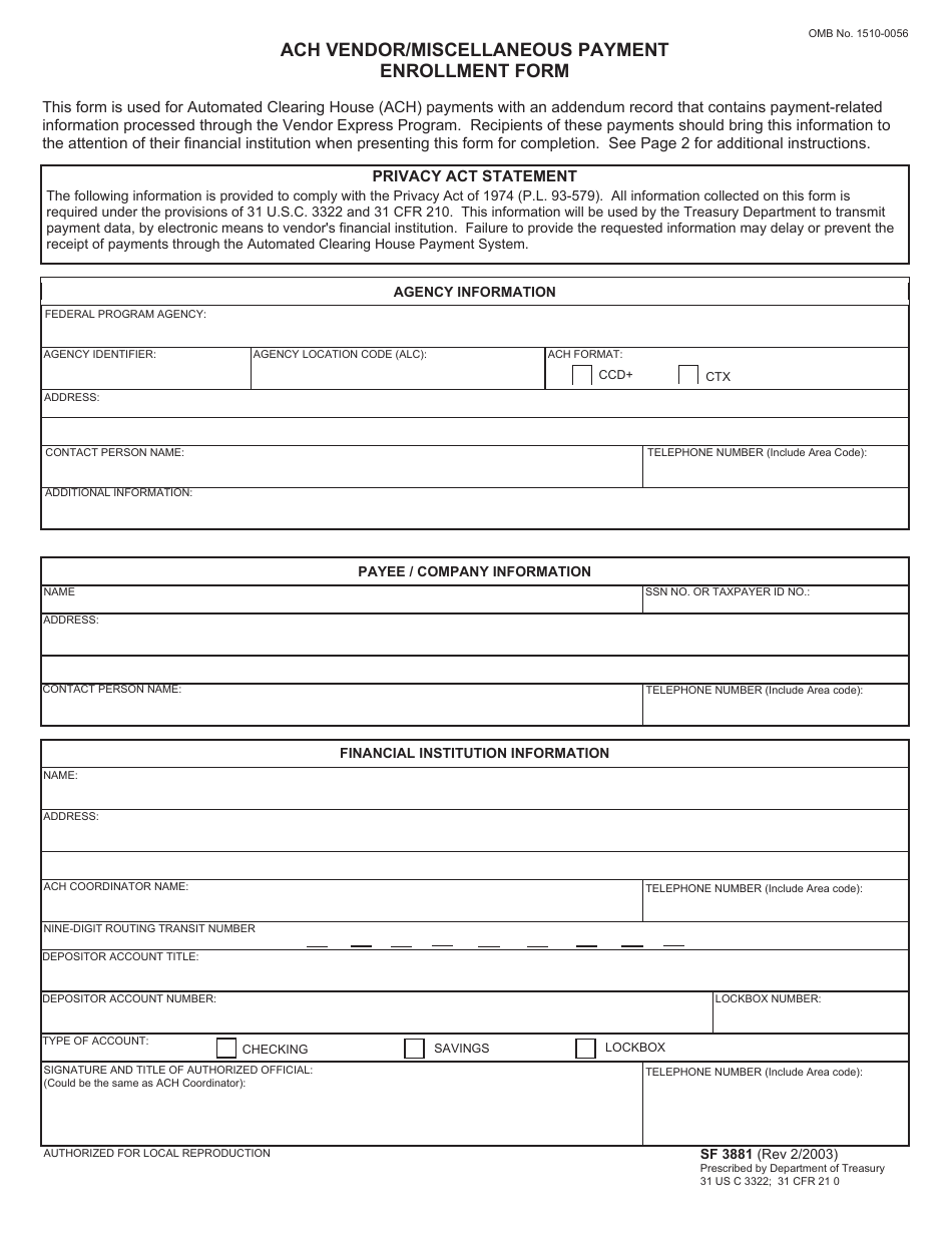 Form SF3881 ACH Vendor / Miscellaneous Payment Enrollment Form, Page 1