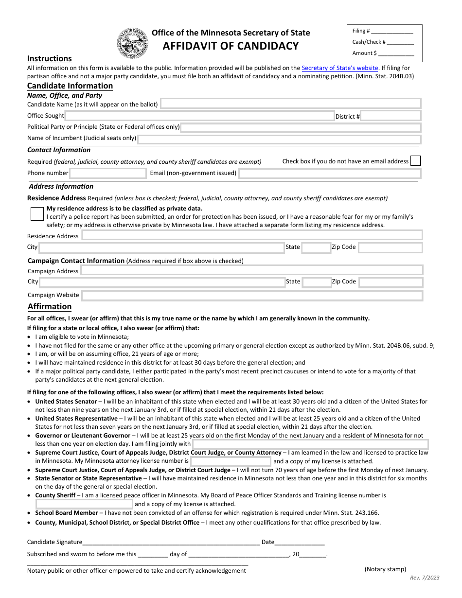 Minnesota Affidavit Of Candidacy Fill Out Sign Online And Download Pdf Templateroller 8408