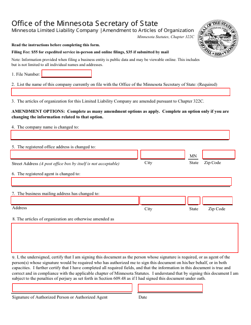 Minnesota Limited Liability Company Amendment to Articles of Organization - Minnesota Download Pdf