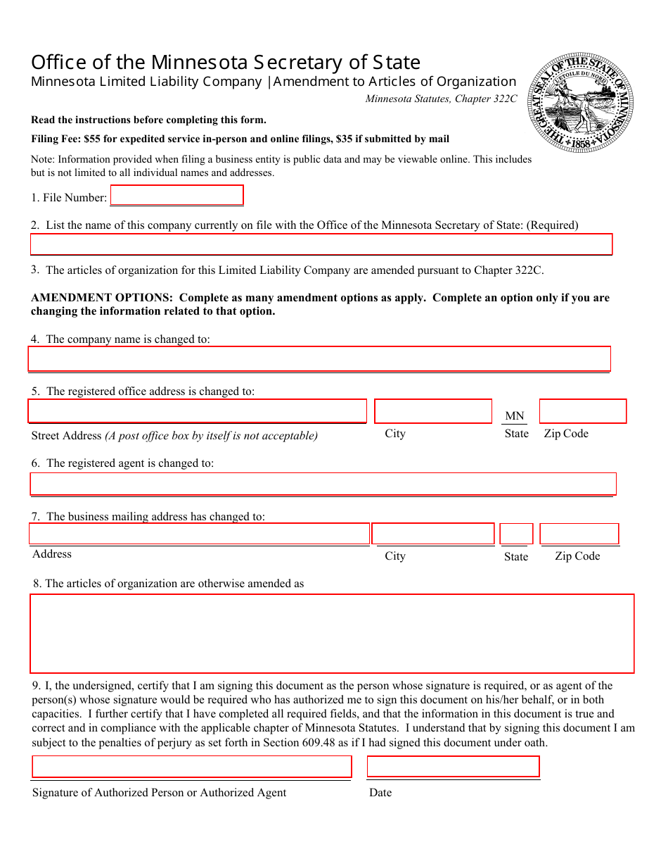 Minnesota Limited Liability Company Amendment to Articles of Organization - Minnesota, Page 1