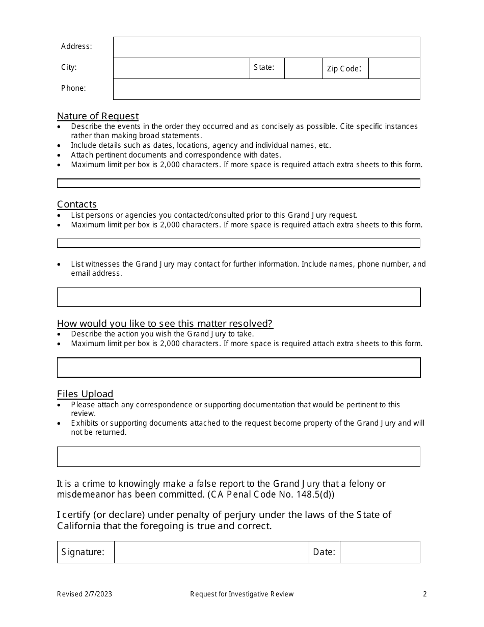 Request for Investigative Review - Sonoma County Civil Grand Jury - Sonoma County, California, Page 2