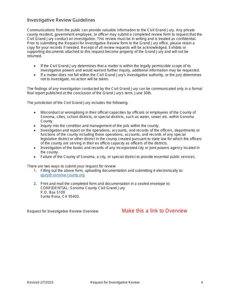Request for Investigative Review - Sonoma County Civil Grand Jury - Sonoma County, California, Page 4