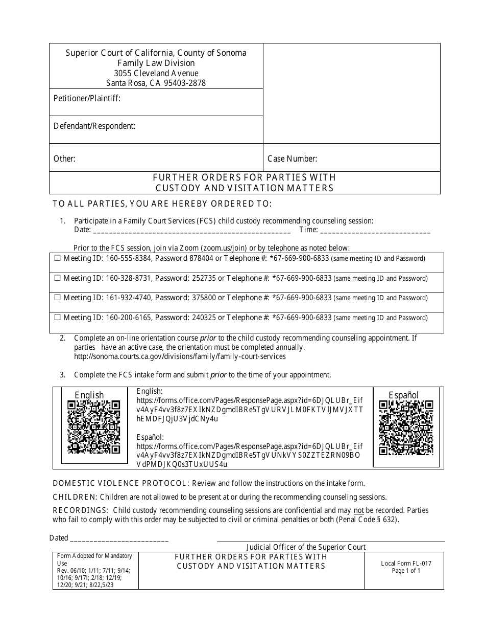 Local Form FL-017 Further Orders for Parties With Custody and Visitation Matters - County of Sonoma, California, Page 1