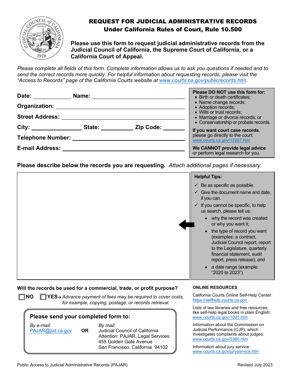 California Request for Judicial Administrative Records Fill Out, Sign Online and Download PDF