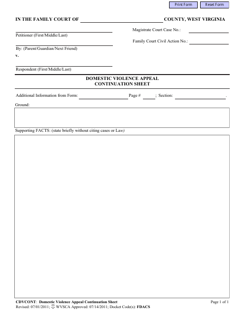 Domestic Violence Appeal Continuation Sheet - West Virginia