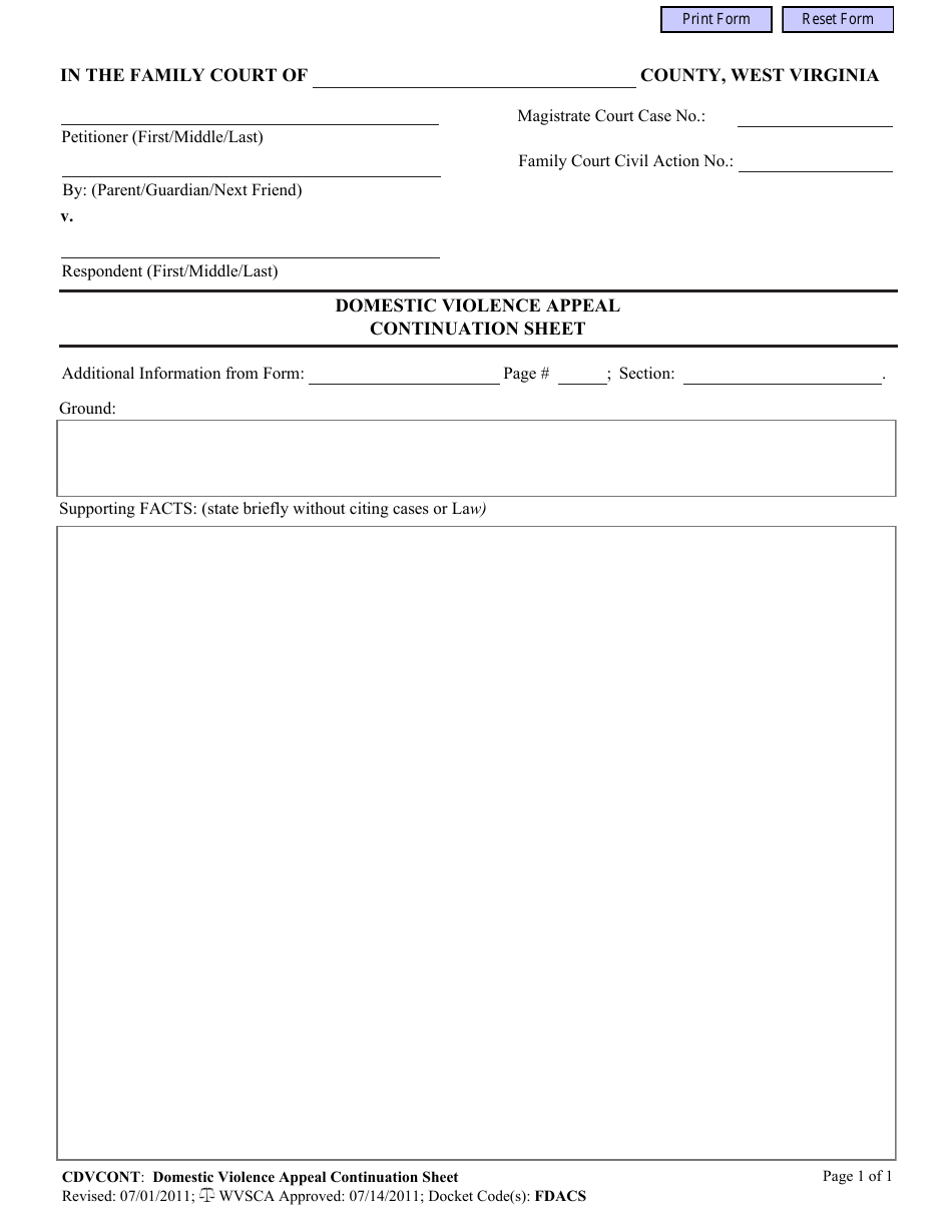Domestic Violence Appeal Continuation Sheet - West Virginia, Page 1