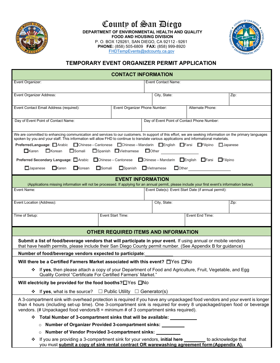 Form DEH:FH-632 Temporary Event Organizer Permit Application - County of San Diego, California, Page 3