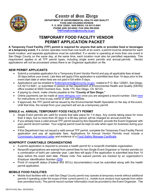Form DEH:FH-632 Temporary Food Facility Vendor Permit Application - County of San Diego, California