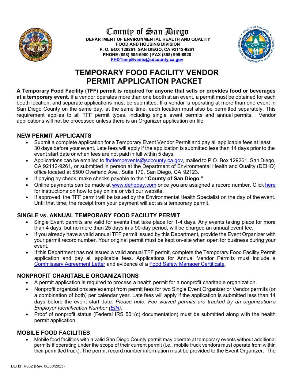 Form DEH:FH-632 Temporary Food Facility Vendor Permit Application - County of San Diego, California, Page 1