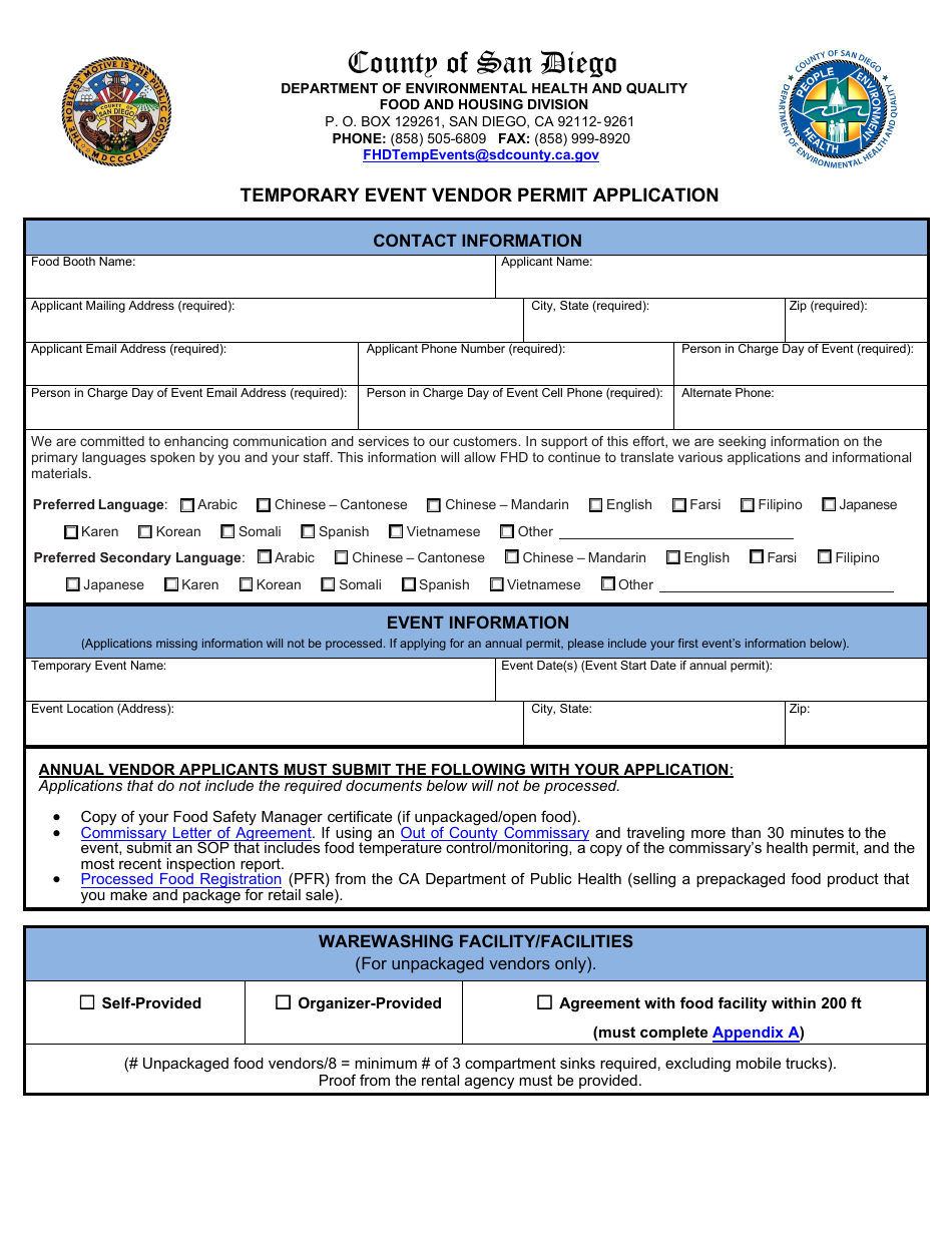 Form DEH:FH-632 Temporary Food Facility Vendor Permit Application - County of San Diego, California, Page 3