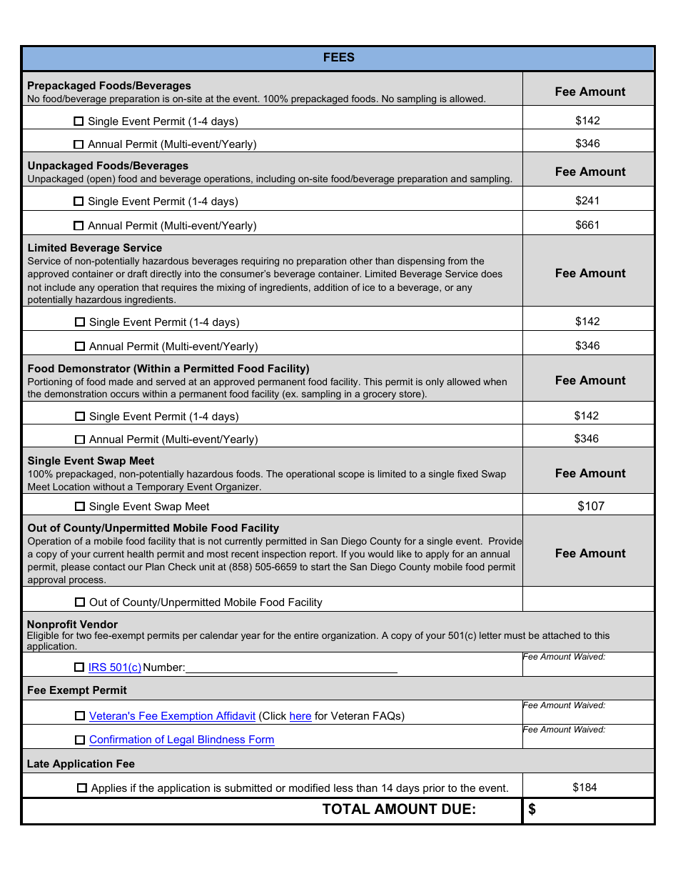 Form DEH:FH-632 Temporary Food Facility Vendor Permit Application - County of San Diego, California, Page 5