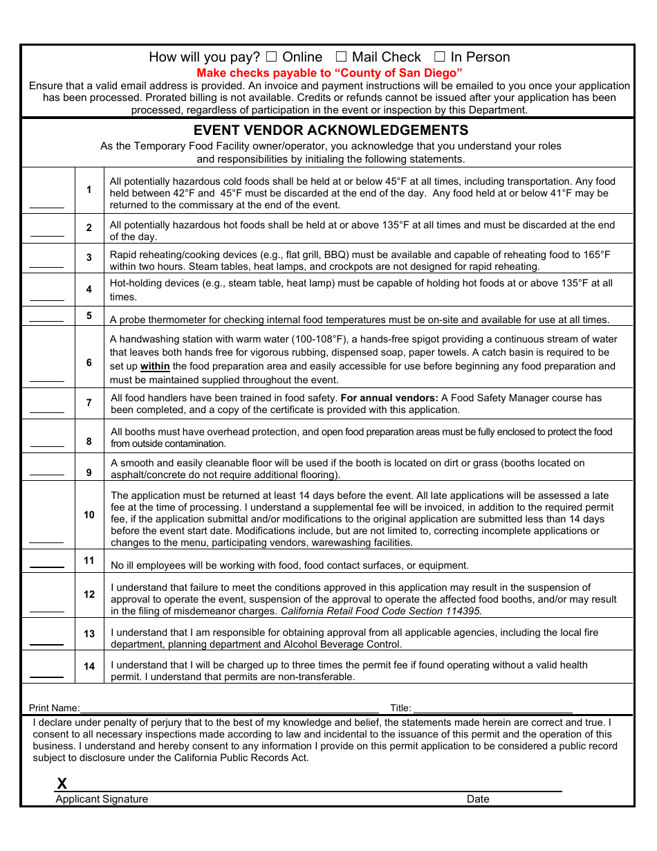Form DEH:FH-632 Temporary Food Facility Vendor Permit Application - County of San Diego, California, Page 6