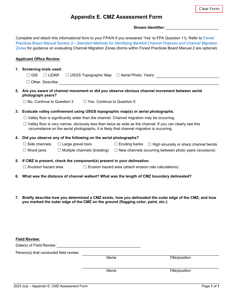 Appendix E Cmz Assessment Form - Washington, Page 1