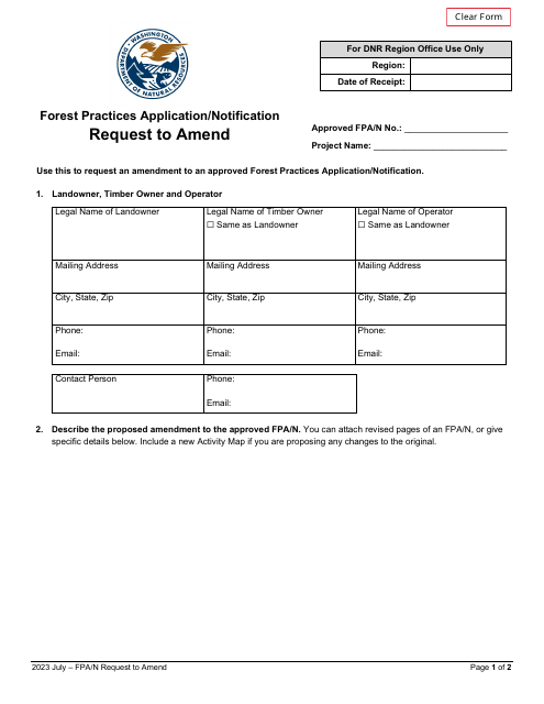Forest Practices Application / Notification Request to Amend - Washington Download Pdf