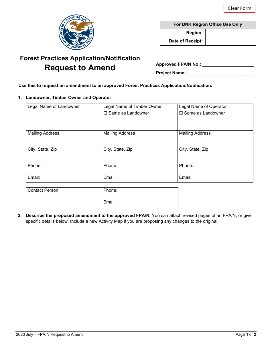 Forest Practices Application / Notification Request to Amend - Washington, Page 1