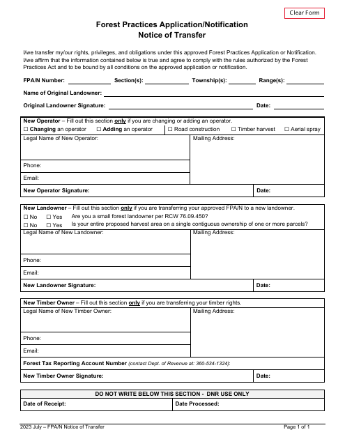 Forest Practices Application / Notification Notice of Transfer - Washington Download Pdf