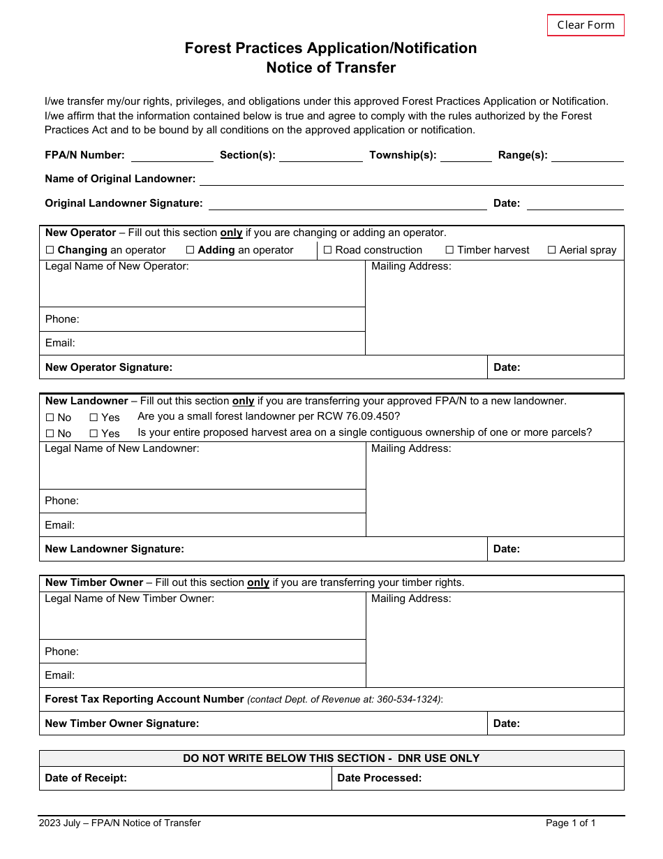 Forest Practices Application / Notification Notice of Transfer - Washington, Page 1