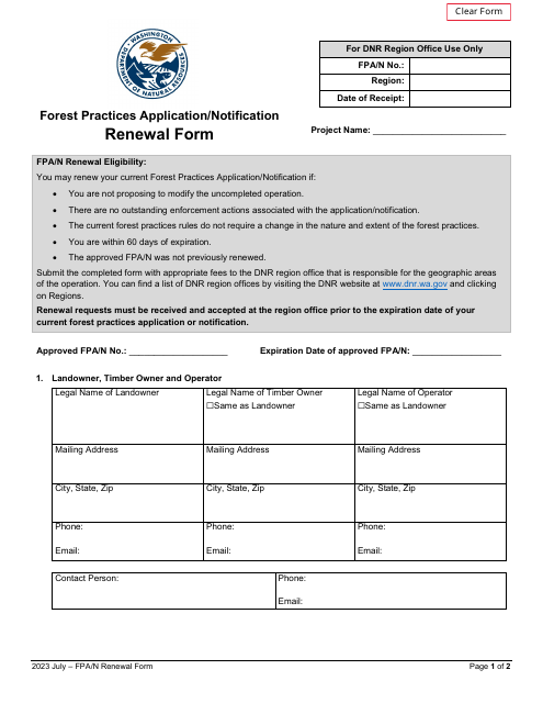 Forest Practices Application/Notification Renewal Form - Washington