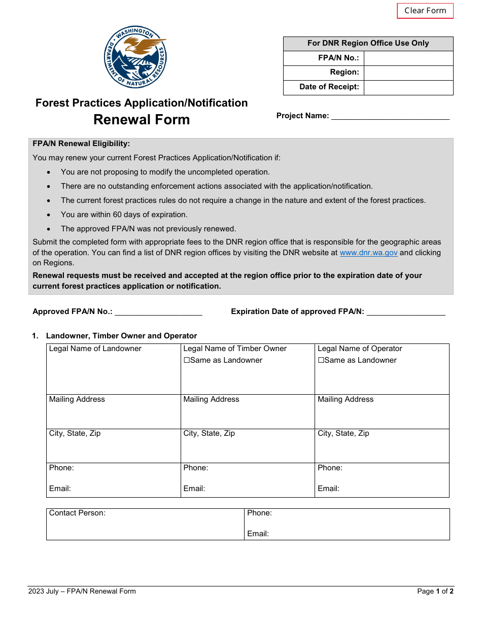 Forest Practices Application / Notification Renewal Form - Washington, Page 1