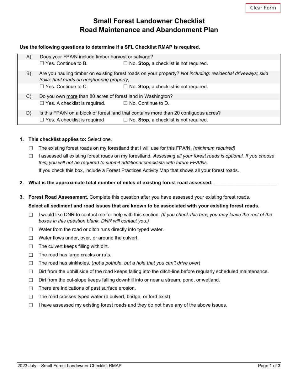 Small Forest Landowner Checklist Road Maintenance and Abandonment Plan - Washington, Page 1