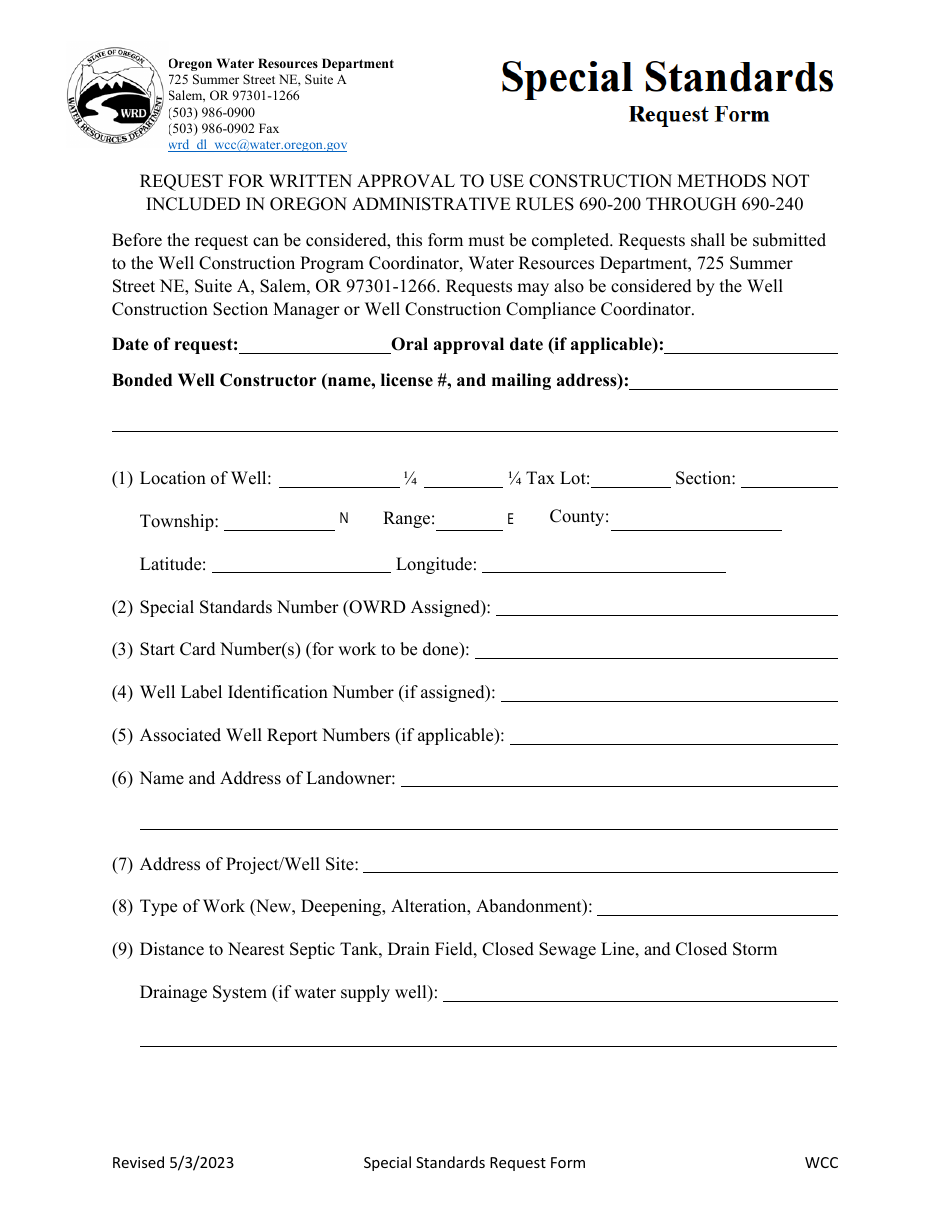 Special Standards Request Form - Oregon, Page 1