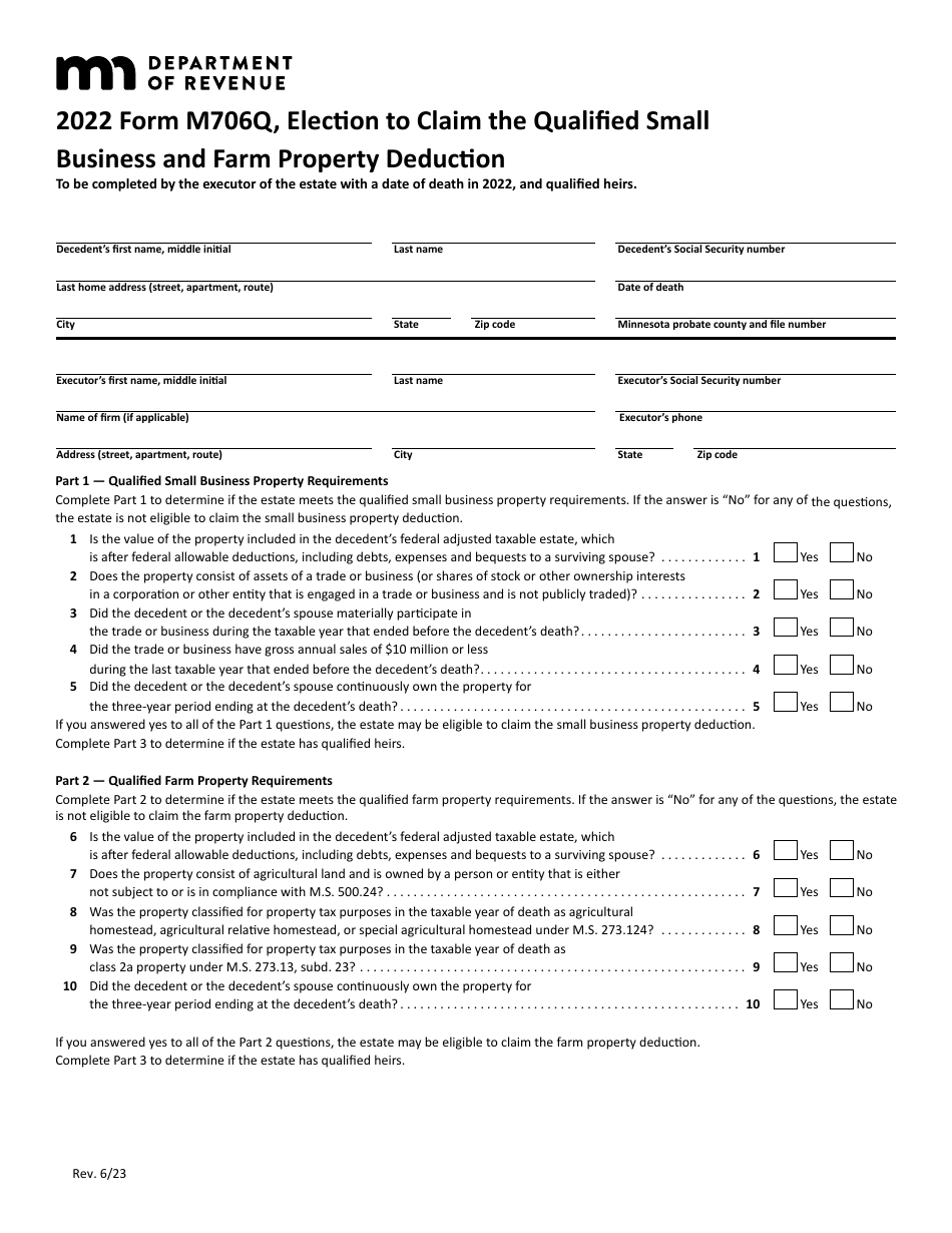 Form M706Q Election to Claim the Qualified Small Business and Farm Property Deduction - Minnesota, Page 1