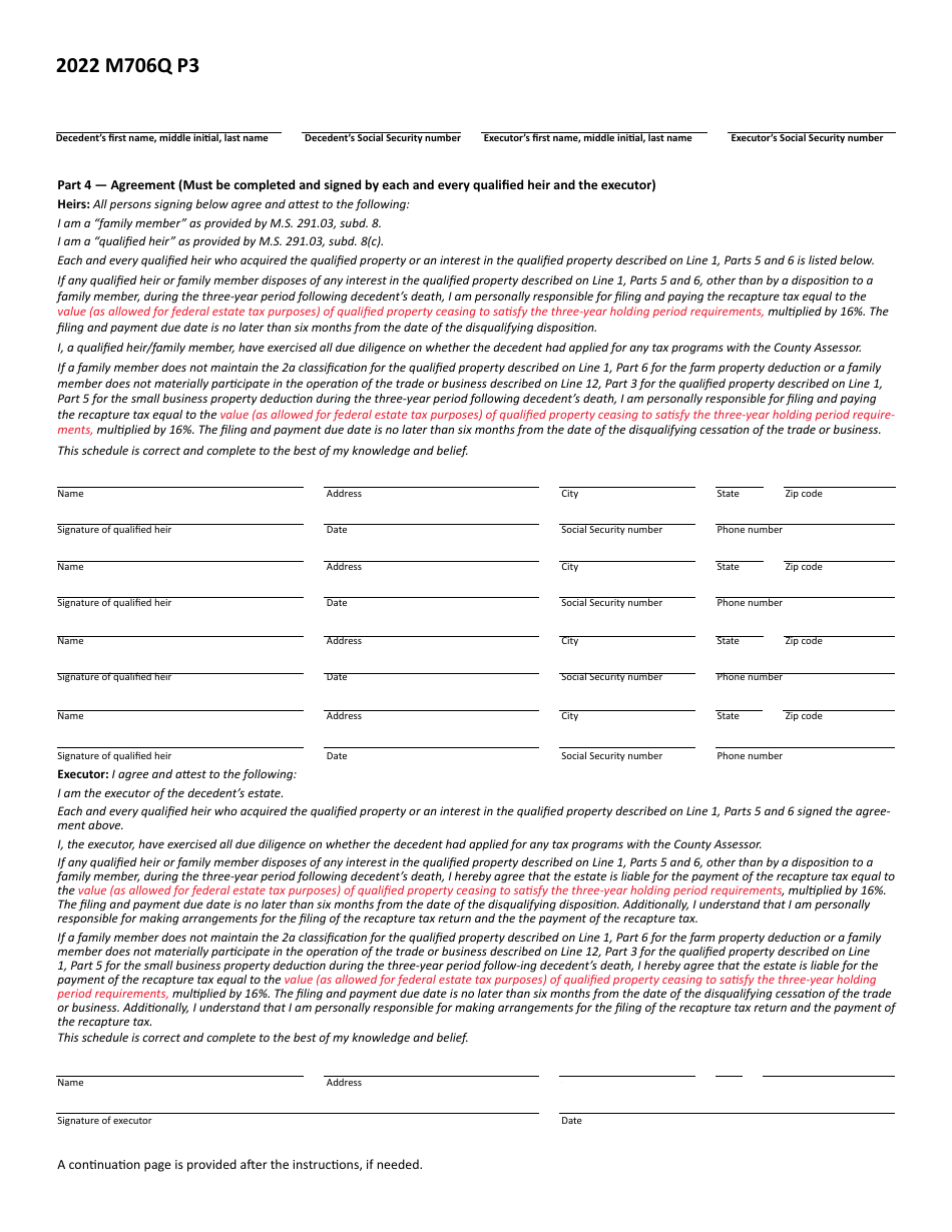 Form M706Q Election to Claim the Qualified Small Business and Farm Property Deduction - Minnesota, Page 3