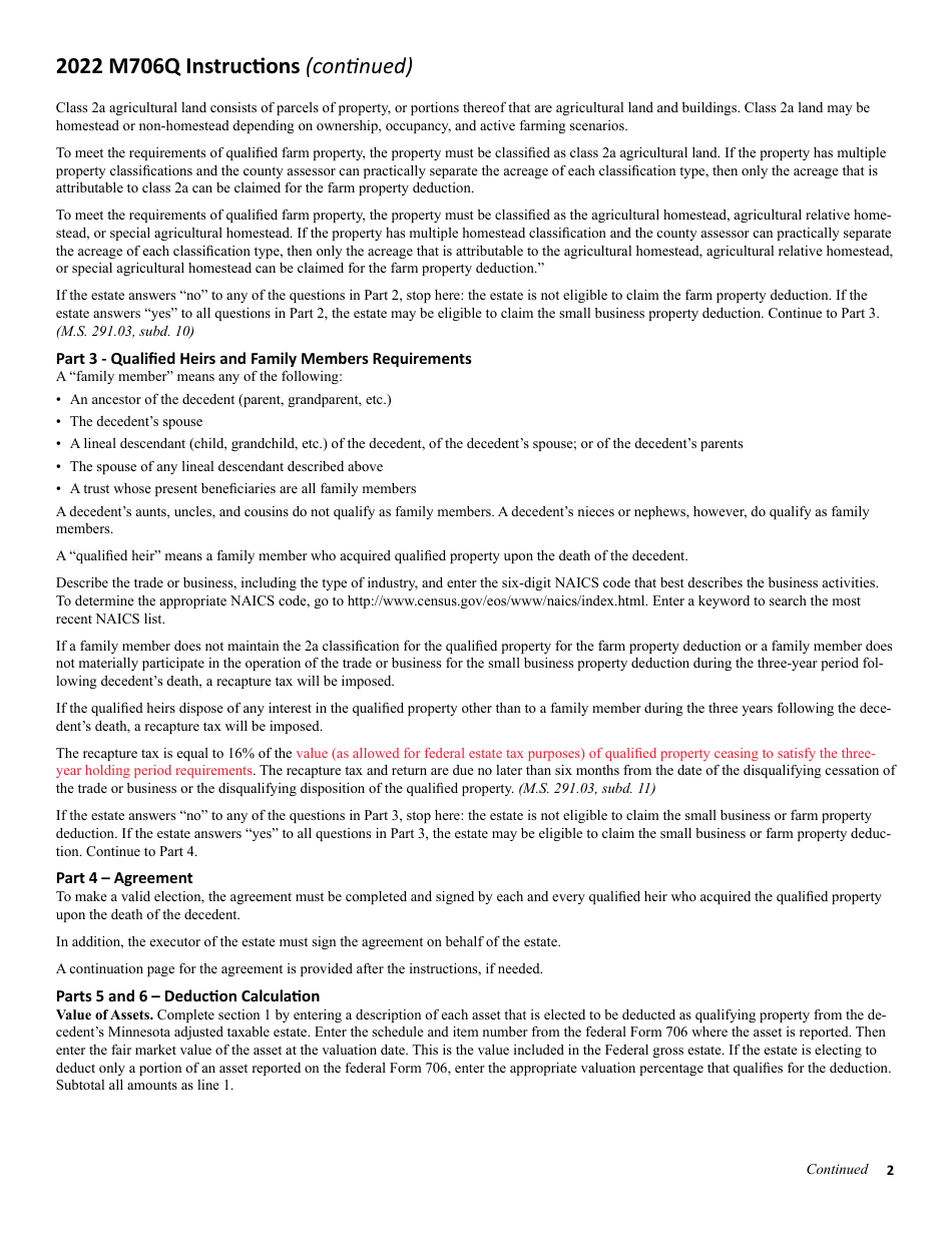 Form M706Q Election to Claim the Qualified Small Business and Farm Property Deduction - Minnesota, Page 8