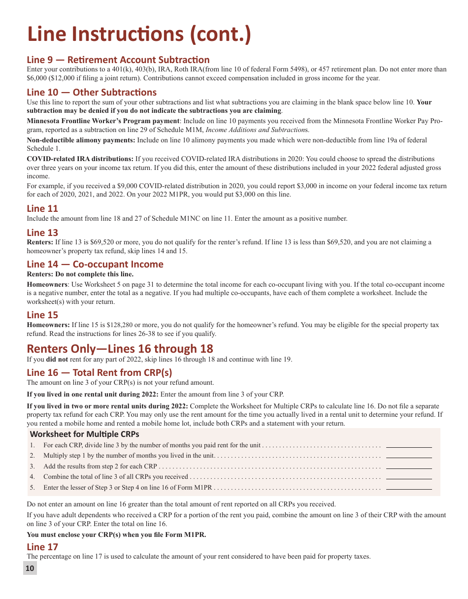 Instructions for Form M1PR Homestead Credit Refund (For Homeowners) and Renters Property Tax Refund - Minnesota, Page 10