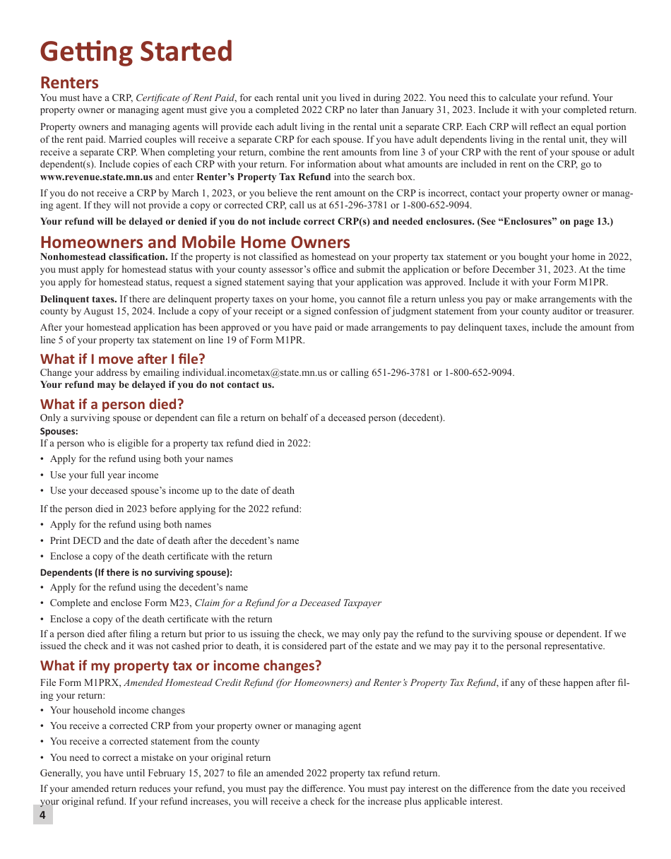 Instructions for Form M1PR Homestead Credit Refund (For Homeowners) and Renters Property Tax Refund - Minnesota, Page 4