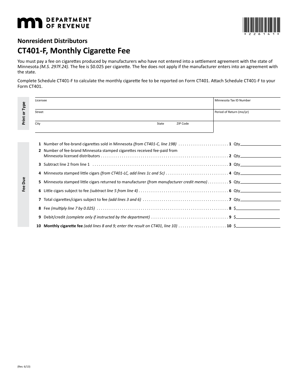 Form CT401-F Monthly Cigarette Fee - Nonresident Distributors - Minnesota, Page 1