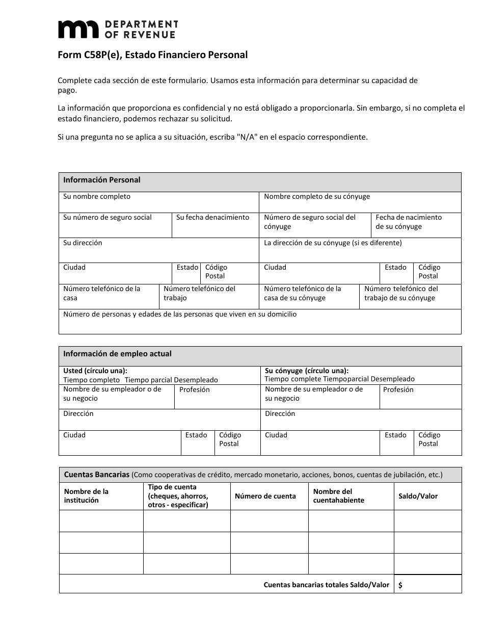 Formulario C58P Estado Financiero Personal - Minnesota (Spanish), Page 1