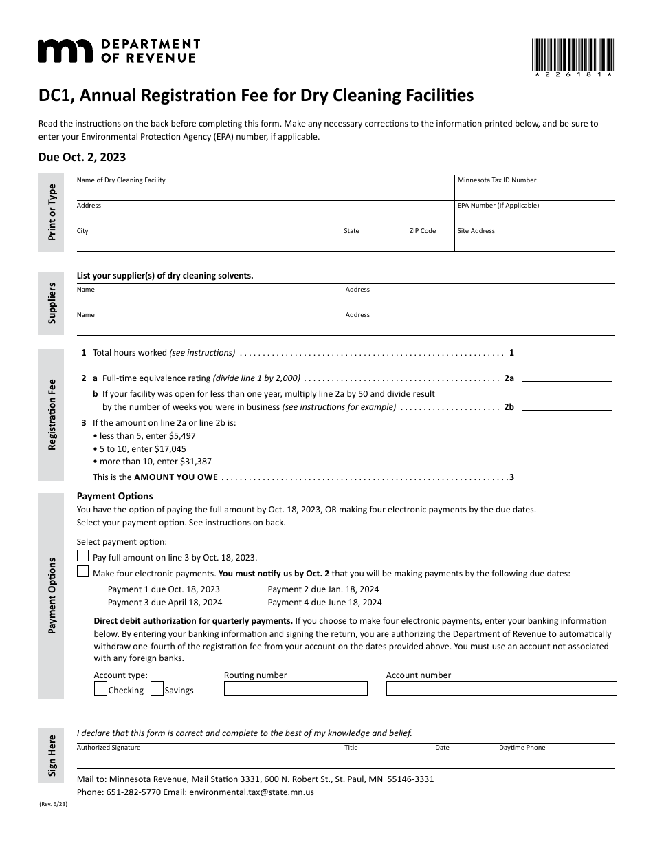 Form DC1 Annual Registration Fee for Dry Cleaning Facilities - Minnesota, Page 1