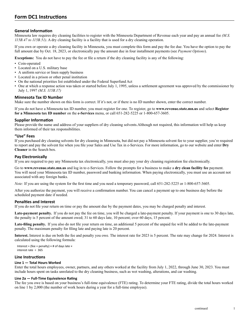 Form DC1 Annual Registration Fee for Dry Cleaning Facilities - Minnesota, Page 2