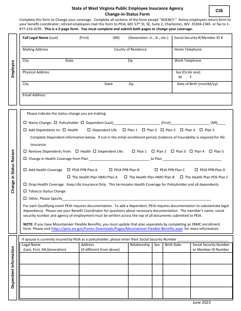 Form CIS Change-In-status Form - West Virginia