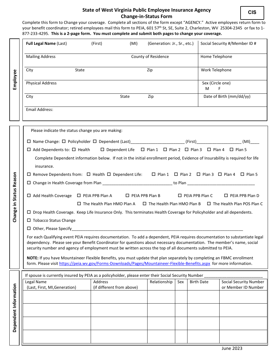 Form CIS Change-In-status Form - West Virginia, Page 1
