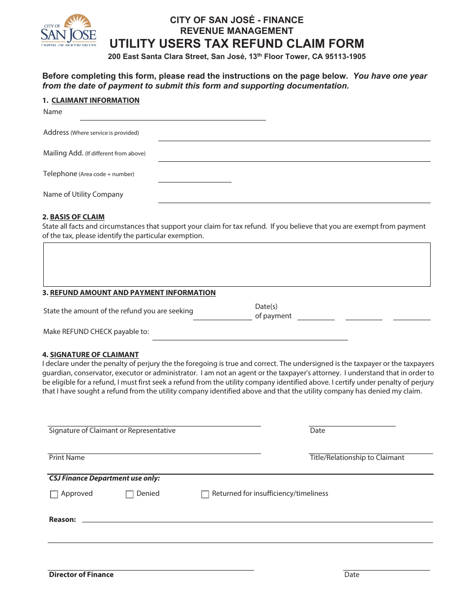 Utility Users Tax Refund Claim Form - City of San Jose, California, Page 1